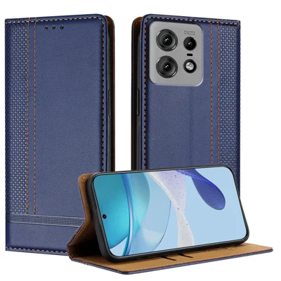 Hoesje voor Motorola Edge 50 Pro 5G met L-vormig rasterpatroon, lederen standaardhoesje met kaartslots - Blauw