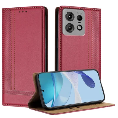 For Motorola Edge 50 Pro 5G Case L-Shaped Grid Pattern Leather Stand Phone Cover with Card Slots - Red