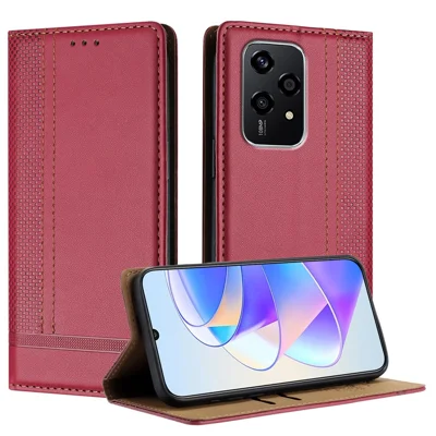 For Honor 200 Lite Case L-Shaped Grid Pattern Leather Stand Phone Cover with Card Slots - Red