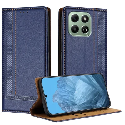 For Honor X6b 4G Case L-Shaped Grid Pattern Leather Stand Phone Cover with Card Slots - Blue