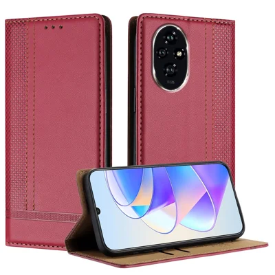 For Honor 200 Pro 5G Case L-Shaped Grid Pattern Leather Stand Phone Cover with Card Slots - Red