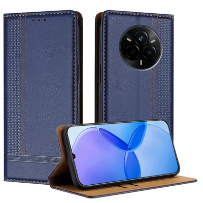 Voor Realme 14 Pro 5G hoesje L-vormig rasterpatroon lederen standaard telefoonhoesje met kaartsleuven - Blauw
