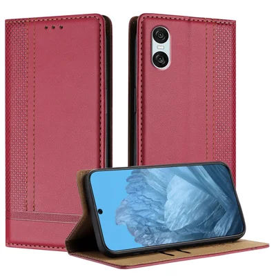 For Sony Xperia 10 VI Case L-Shaped Grid Pattern Leather Stand Phone Cover with Card Slots - Red