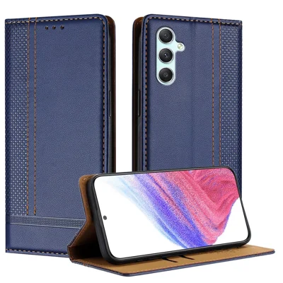 For Samsung Galaxy A34 5G Case L-Shaped Grid Pattern Leather Stand Phone Cover with Card Slots - Blue