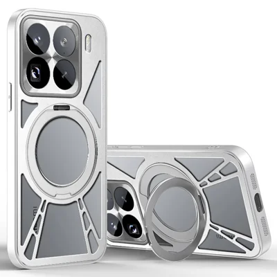 For Xiaomi 15 Pro Case Magnetic Kickstand Hollow Heat Dissipation Silicone + PC + Metal Bumper Phone Cover - Silver