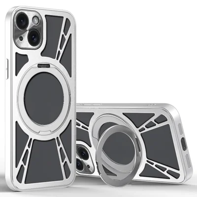 For iPhone 14 Case Magnetic Kickstand Hollow Heat Dissipation Silicone + PC + Metal Bumper Phone Cover - Silver