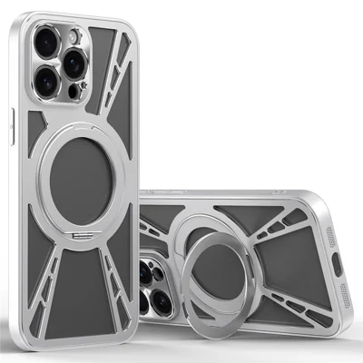 For iPhone 15 Pro Case Magnetic Kickstand Hollow Heat Dissipation Silicone + PC + Metal Bumper Phone Cover - Silver