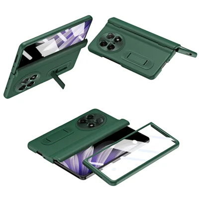 غطاء لهاتف Oppo Find N5 5G مع فيلم زجاج مقسّى وحامل قابل للتعديل من مادة البولي كربونات + جلد PU - أخضر