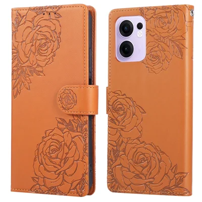 For Oppo Reno13 F 5G (Reno 13 FS 5G) / 4G Case Rose Flower PU Leather Wallet Phone Cover with 3 Card Slots - Brown
