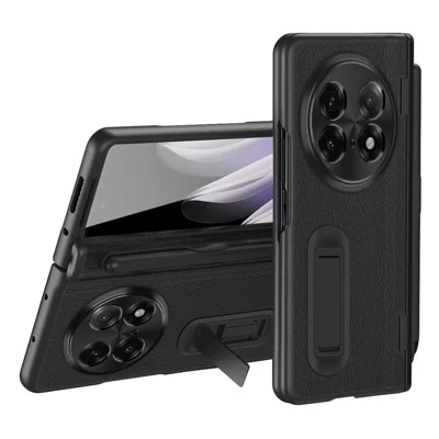 غطاء لهاتف Oppo Find N5 5G بمسند وقلم من مادة البولي كربونات + جلد صناعي مقاوم للانحناء مع واقي شاشة - أسود