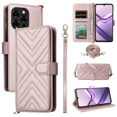 For Doogee Note 58 Pro / Note 58 Wallet Case with Shoulder / Wrist Strap Leather Phone Cover Stand - Pink