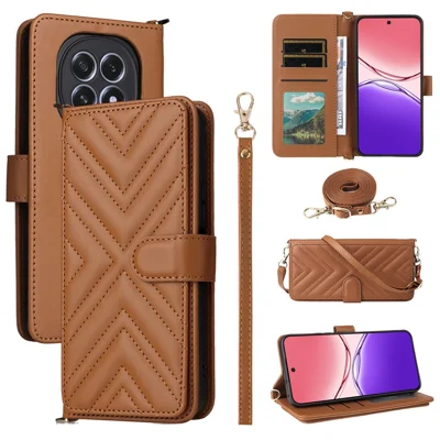 For Oppo F29 5G Wallet Case with Shoulder  /  Wrist Strap Leather Phone Cover Stand - Brown
