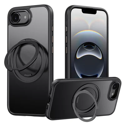 For iPhone 17e / 16e Magnetic Case Rotating Gear Pivot Kickstand PC + TPU Phone Back Cover - Matte Black