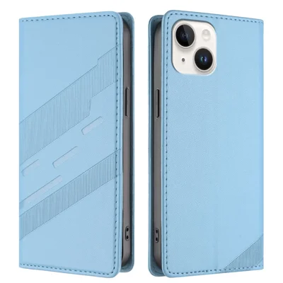 For iPhone 14 Phone Cases Punk Style Imprinted Wallet Stand Leather Cover - Baby Blue