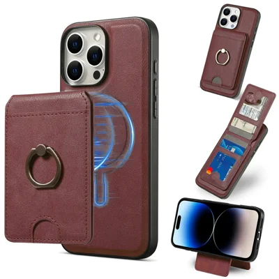 For iPhone 15 Pro Max Magnetic Case PC + PU Phone Back Cover with Detachable Card Holder - Red