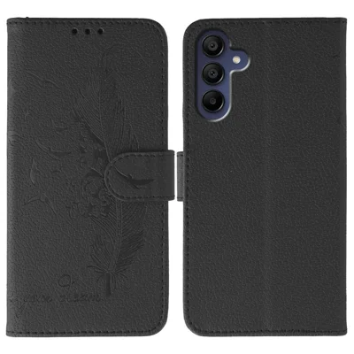 For Samsung Galaxy A15 4G / 5G Case Feather Imprint PU Leather Wallet Phone Cover - Black