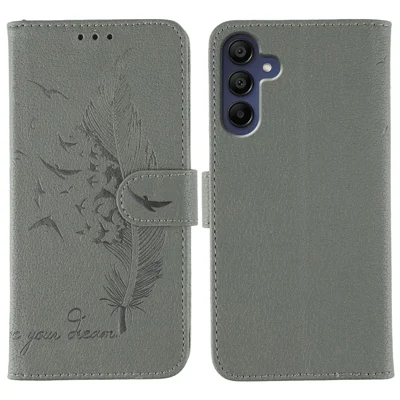 For Samsung Galaxy A35 5G Case Feather Imprint PU Leather Wallet Phone Cover - Grey
