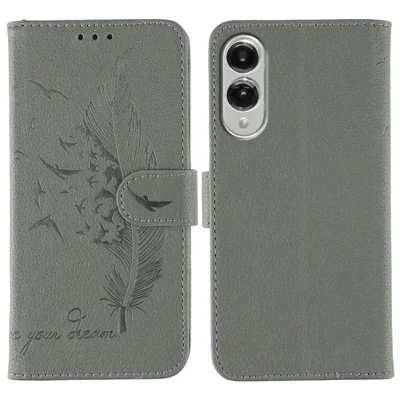 For Samsung Galaxy S25 Edge Case Feather Imprint PU Leather Wallet Phone Cover - Grey