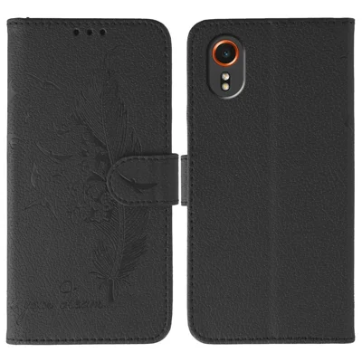 For Samsung Galaxy Xcover7 Case Feather Imprint PU Leather Wallet Phone Cover - Black