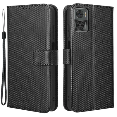 For Motorola Moto E22 4G / E22i 4G Flip Folio Book PU Leather Phone Case Diamond Texture Magnetic Closure Stand Wallet Cover with Strap - Black