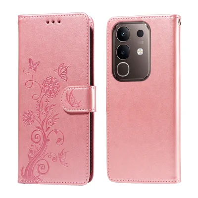 For vivo Y29 4G Leather Case Butterfly Floral Imprint Wallet Stand Cover - Pink