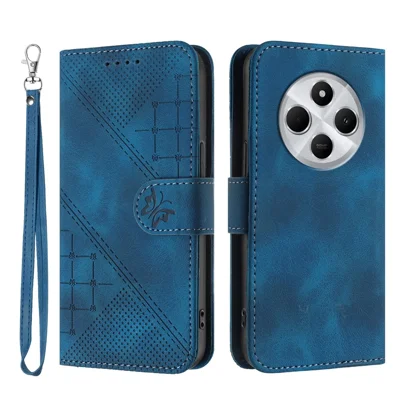 For Xiaomi Poco C75 4G / Xiaomi Redmi A3 Pro 4G / Xiaomi Redmi A4 5G / Xiaomi Redmi 14R 5G / Xiaomi Redmi 14C 4G Leather Wallet Case Butterfly Flower Imprinted Phone Cover with Strap - Royal Blue