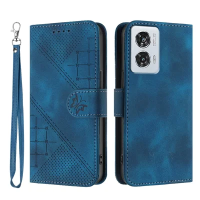 For Motorola Edge 50 Fusion 5G Leather Wallet Case Butterfly Flower Imprinted Phone Cover with Strap - Royal Blue