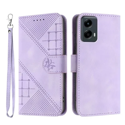 For Motorola Moto G 5G (2024) Leather Wallet Case Butterfly Flower Imprinted Phone Cover with Strap - Purple