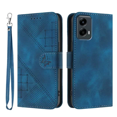 For Motorola Moto G 5G (2024) Leather Wallet Case Butterfly Flower Imprinted Phone Cover with Strap - Royal Blue