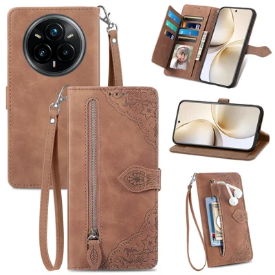 For Realme 14 Pro+ 5G Zipper Wallet Case with Strap Flower Imprint PU Leather Phone Cover - Brown