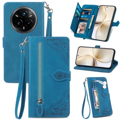 For Realme 14 Pro 5G Zipper Wallet Case with Strap Flower Imprint PU Leather Phone Cover - Blue