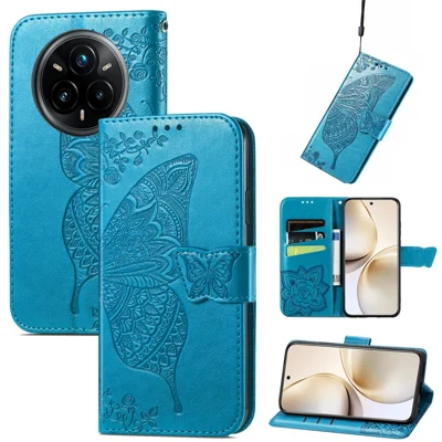 Voor Realme 14 Pro 5G hoesje met bandje vlindermotief PU leer portemonnee telefoonhoes - Blauw