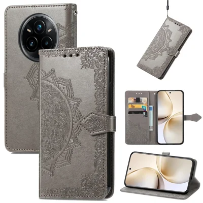 For Realme 14 Pro 5G Wallet Case Mandala Flower Leather Phone Cover Stand - Grey