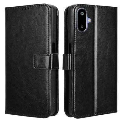 For Samsung Galaxy F06 5G  /  M06 5G Case Crazy Horse Texture PU Leather Phone Wallet Cover - Black