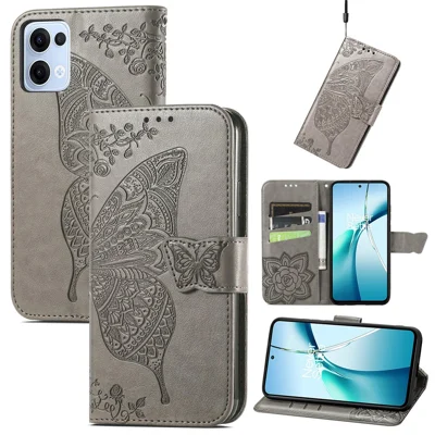 For Oppo Reno13 5G (Global) Case with Strap Butterfly Pattern PU Leather Wallet Phone Cover - Grey