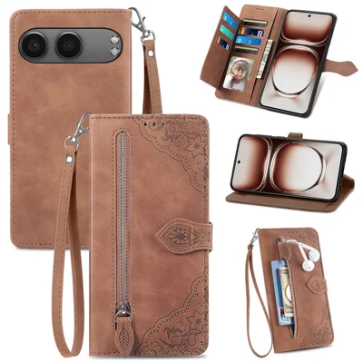 For OnePlus Nord 4 Zipper Wallet Case with Strap Flower Imprint PU Leather Phone Cover - Brown