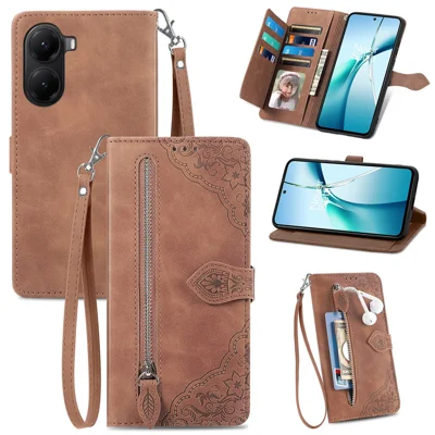 Voor Xiaomi Poco X7 Pro 5G Zipper Wallethoes met Bandje en Bloemenprint in PU Leer - Bruin