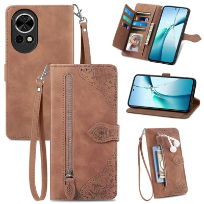 For Huawei nova 13 5G Zipper Wallet Case with Strap Flower Imprint PU Leather Phone Cover - Brown