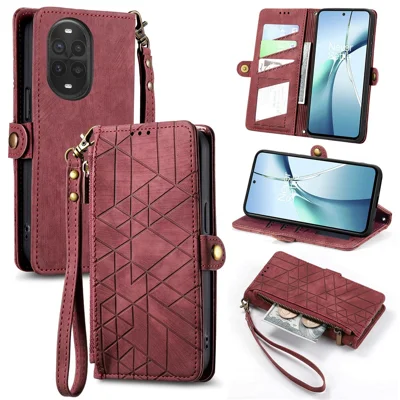 For Huawei nova 13 Pro 5G Zipper Wallet Case Geometry Lines Leather Phone Cover with Strap - Red