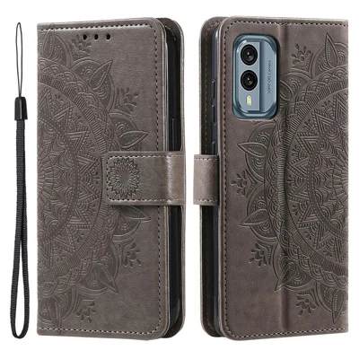 For Nokia X30 5G Fully Wrapped PU Leather Shell, Mandala Flower Pattern Imprinted Wallet Case Stand Magnetic Flip Cover - Grey