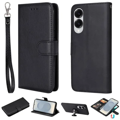 For Samsung Galaxy S25 Edge Case 2 in 1 Detachable Magnetic Leather Wallet Mobile Cover with Strap - Black