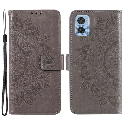 For Motorola Moto E22 4G / E22i 4G PU Leather Shell, Mandala Flower Pattern Imprinted Wallet Case Stand Magnetic Flip Cover - Grey