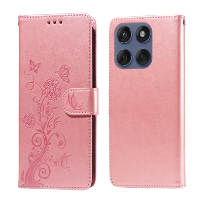 For Motorola Edge 60 5G / 60 Fusion 5G / 60 Pro 5G / Edge (2025) 5G Leather Case Butterfly Floral Imprint Wallet Stand Cover - Pink