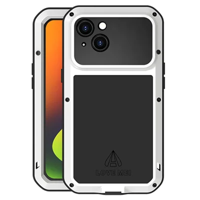 LOVE MEI Für iPhone 14 Silikon + Metall Hybrid-Handyhülle Stoßfest Staubschutz-Hülle mit gehärtetem Glasfilm - Weiß