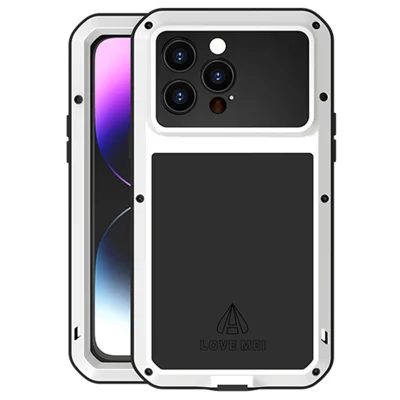 LOVE MEI Para iPhone 14 Pro Max Capa Anti-choque em Silicone + Metal à Prova de Poeira com Filme de Vidro Temperado - Branco
