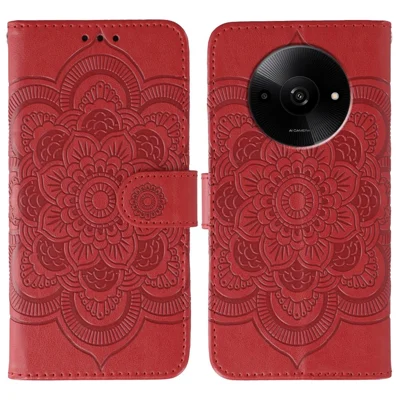For Xiaomi Poco C61 4G / Redmi A3 4G Case PU Leather Mandala Imprinted Design Wallet Phone Cover - Red
