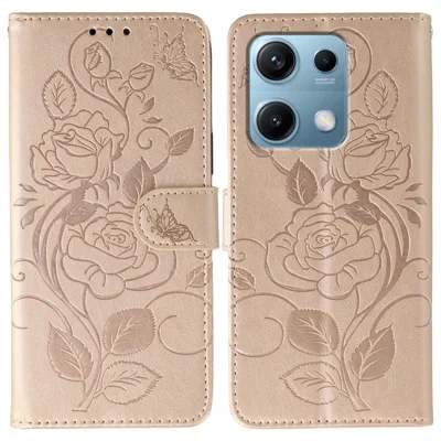 For Xiaomi Redmi Note 14S 4G / Note 13 Pro 4G / Poco M6 Pro 4G Case Wallet Stand Imprinted Rose Butterfly PU Leather Phone Cover - Rose Gold
