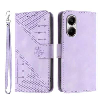 Leer portemonnee voor Xiaomi Redmi Turbo 4 5G / Xiaomi Poco X7 Pro 5G met vlinder- en bloemenprint, telefoonhoesje met riempje - Paars