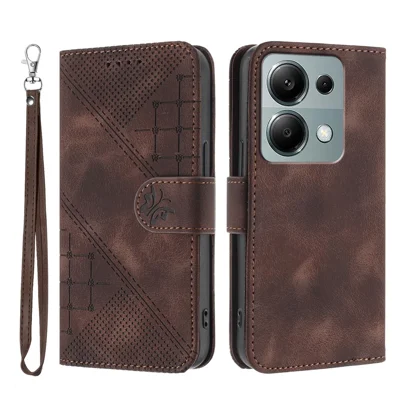 For Xiaomi Poco M6 Pro 4G / Xiaomi Redmi Note 13 Pro 4G Leather Wallet Case Butterfly Flower Imprinted Phone Cover with Strap - Coffee