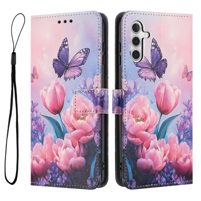 YX-2501 For Samsung Galaxy A05s 4G Case Pattern Printing PU Leather Wallet Phone Cover with Lanyard - Pink Flower Butterfly